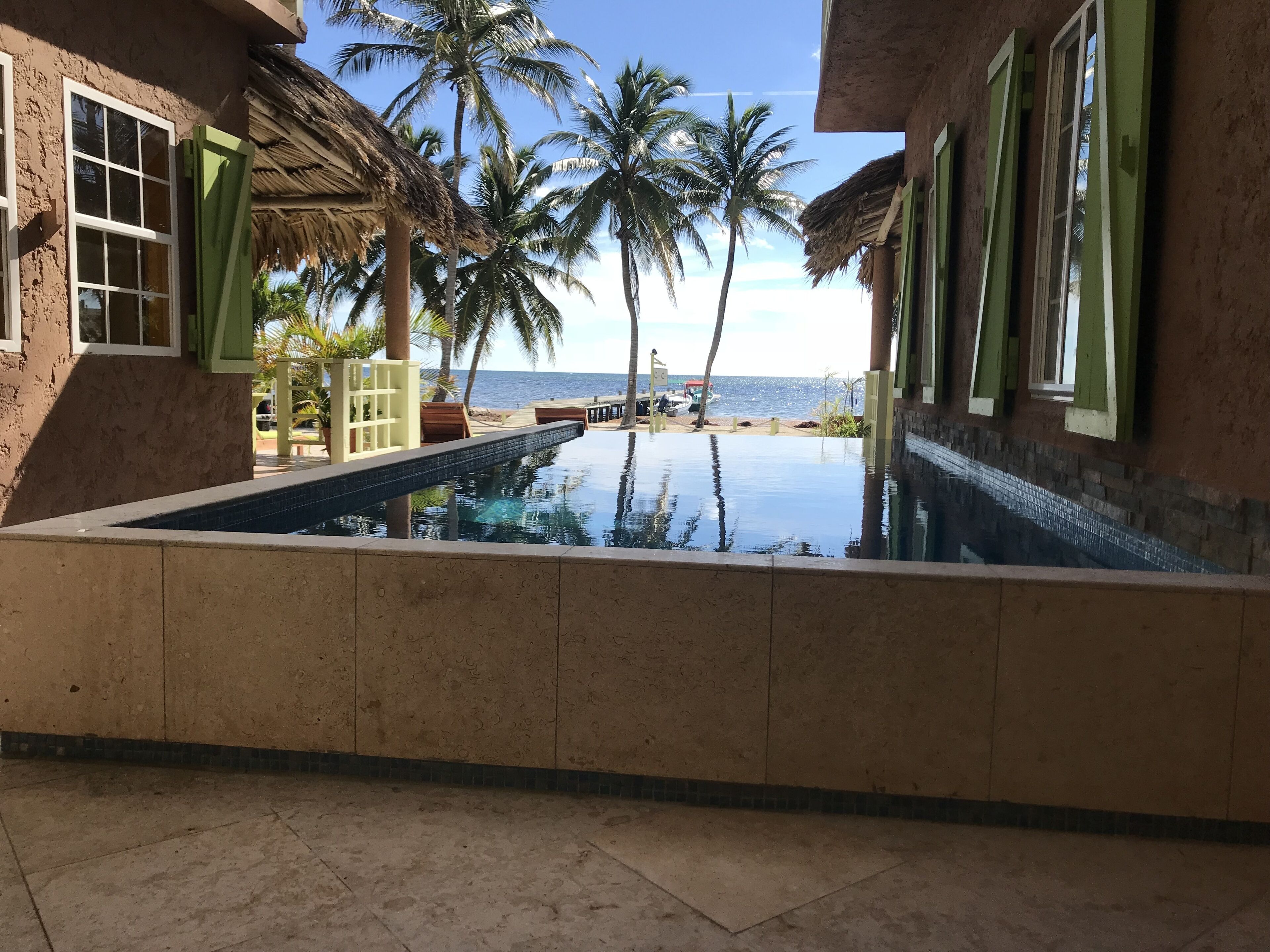Un área de piscina con vista al océano y palmeras.