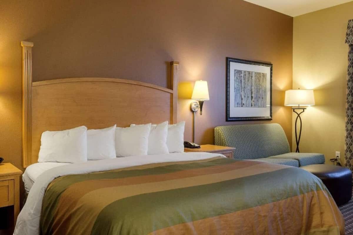 A hotel room with a bed, two bedside lamps, a chair, and a framed picture on the wall.
