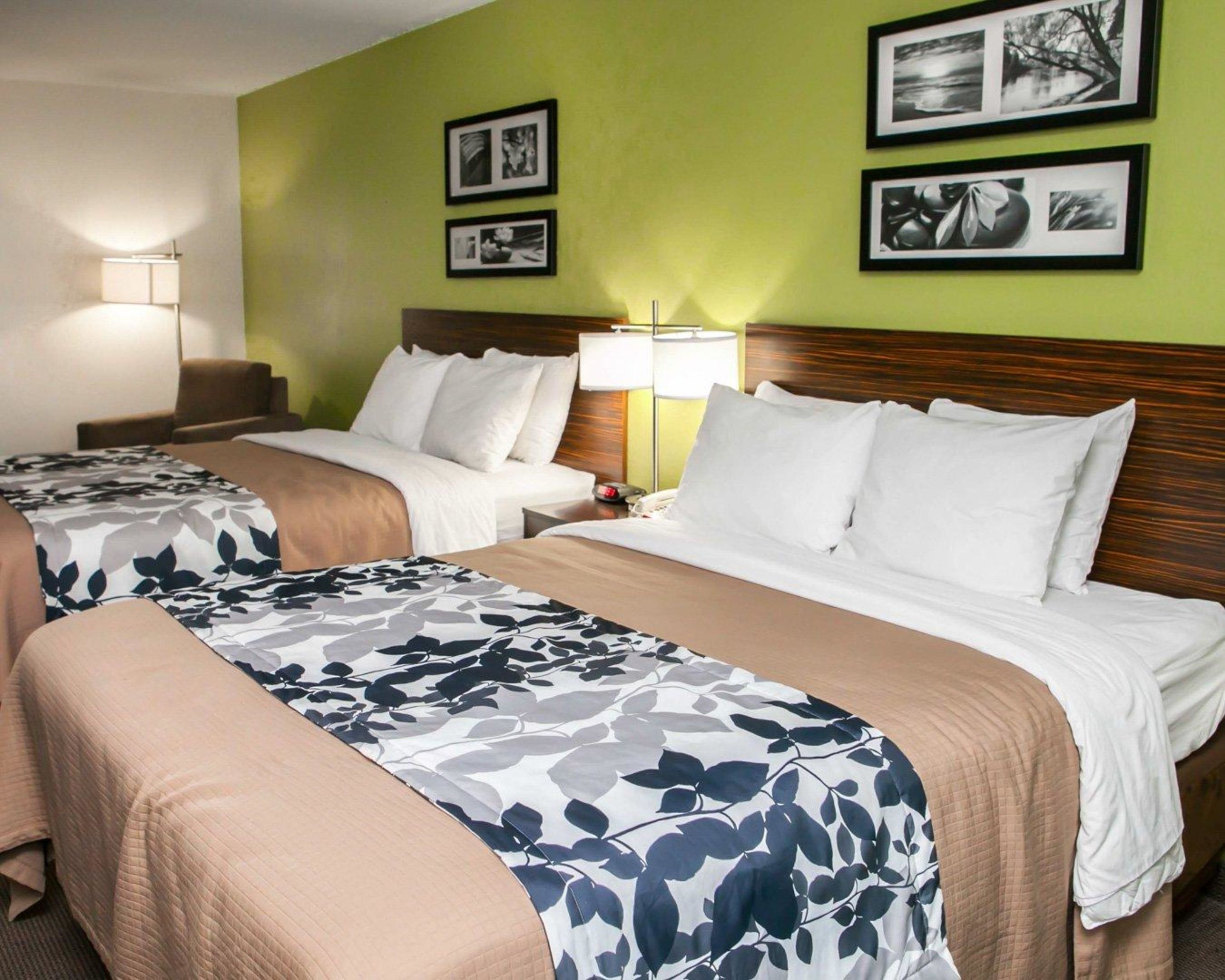 A hotel room with two beds, a nightstand, a lamp, and framed pictures on the wall.