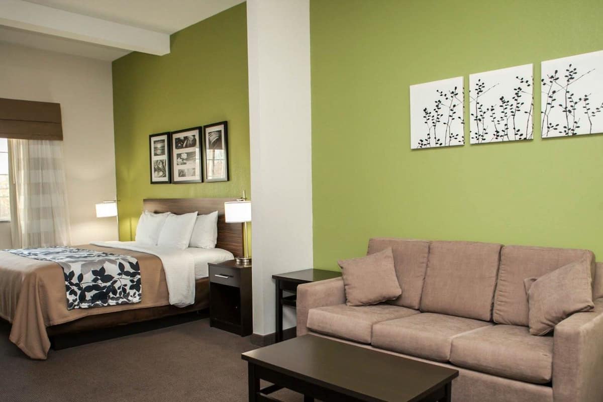 Una habitación de hotel con cama, sofá, una mesita de centro y cuadros en la pared.