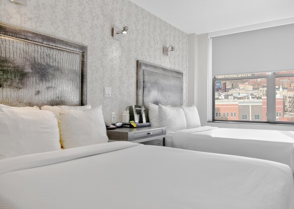 Standard Room, 2 Double Beds, Non Smoking, City View | Desk, laptop workspace, blackout curtains, iron/ironing board