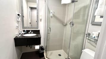 Separate tub and shower, free toiletries, hair dryer, towels