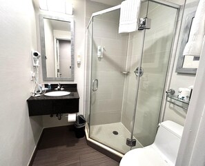 Een aparte badkuip en douche, gratis toiletartikelen, een haardroger