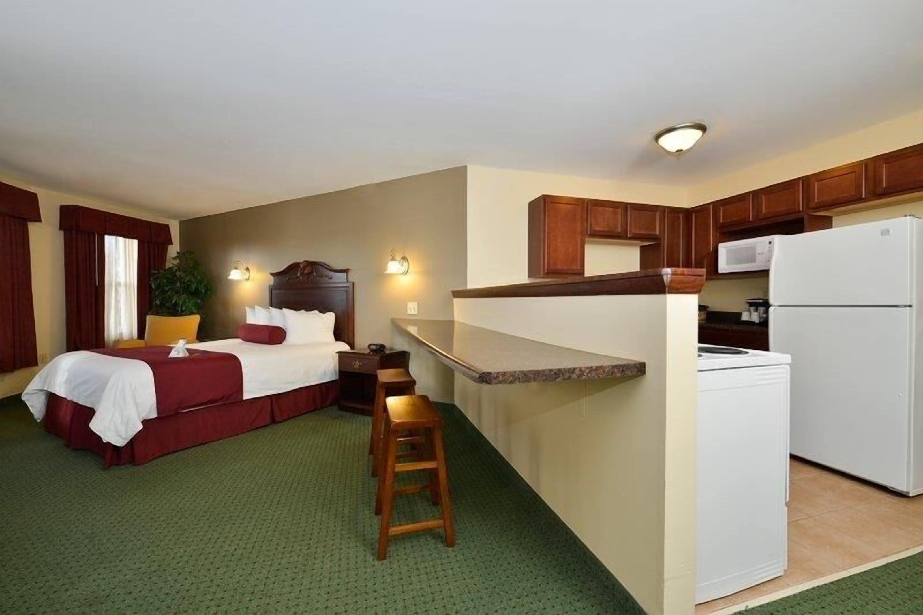 suite, 1 queen bed, kitchen, lake view | desk, laptop workspace, blackout curtains, iron/ironing board