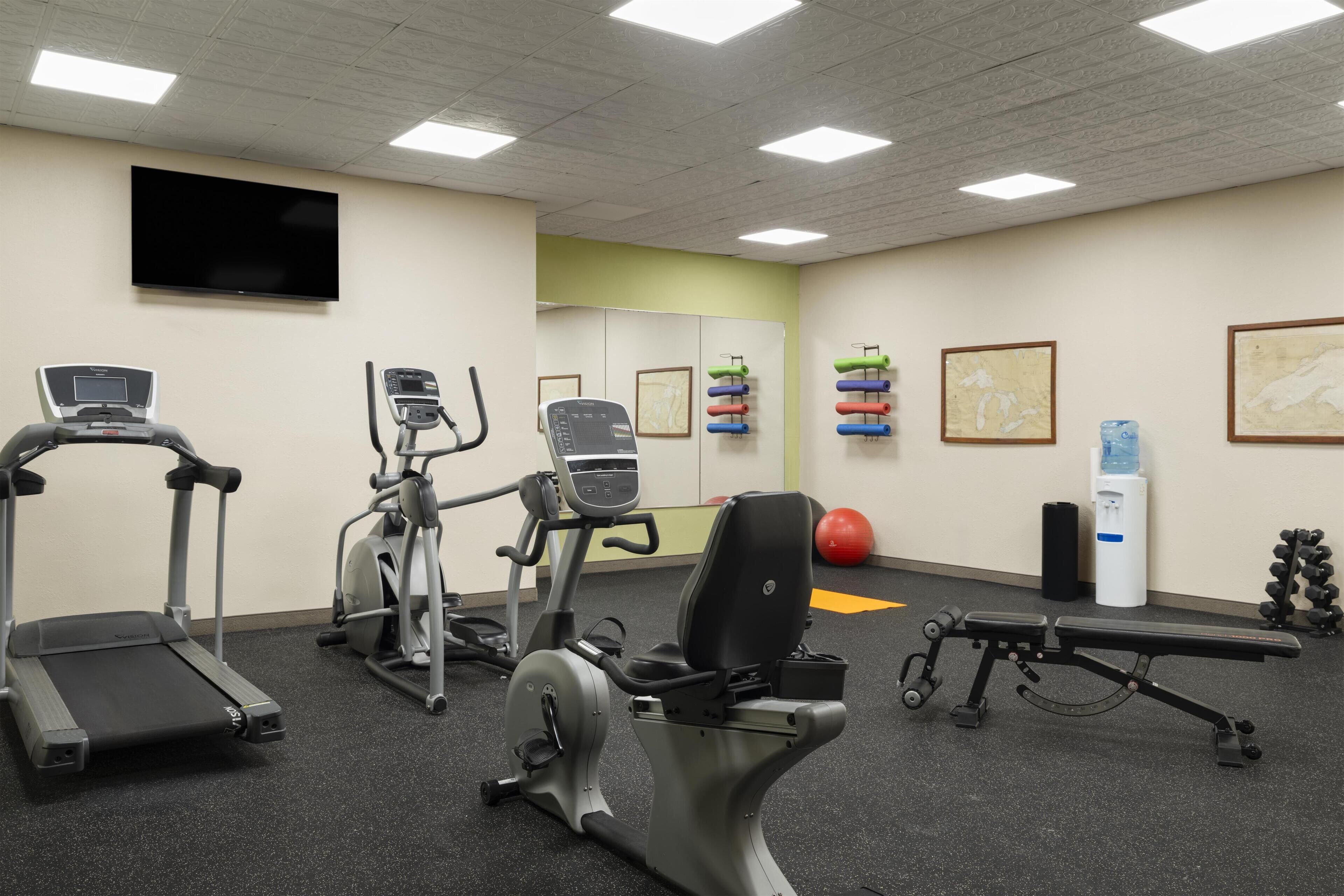 A gym with treadmills, an elliptical, a stationary bike, a bench, a punching bag, and various exercise balls.