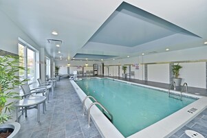 Una piscina interior con agua cristalina, rodeada de zonas de estar y plantas en macetas.