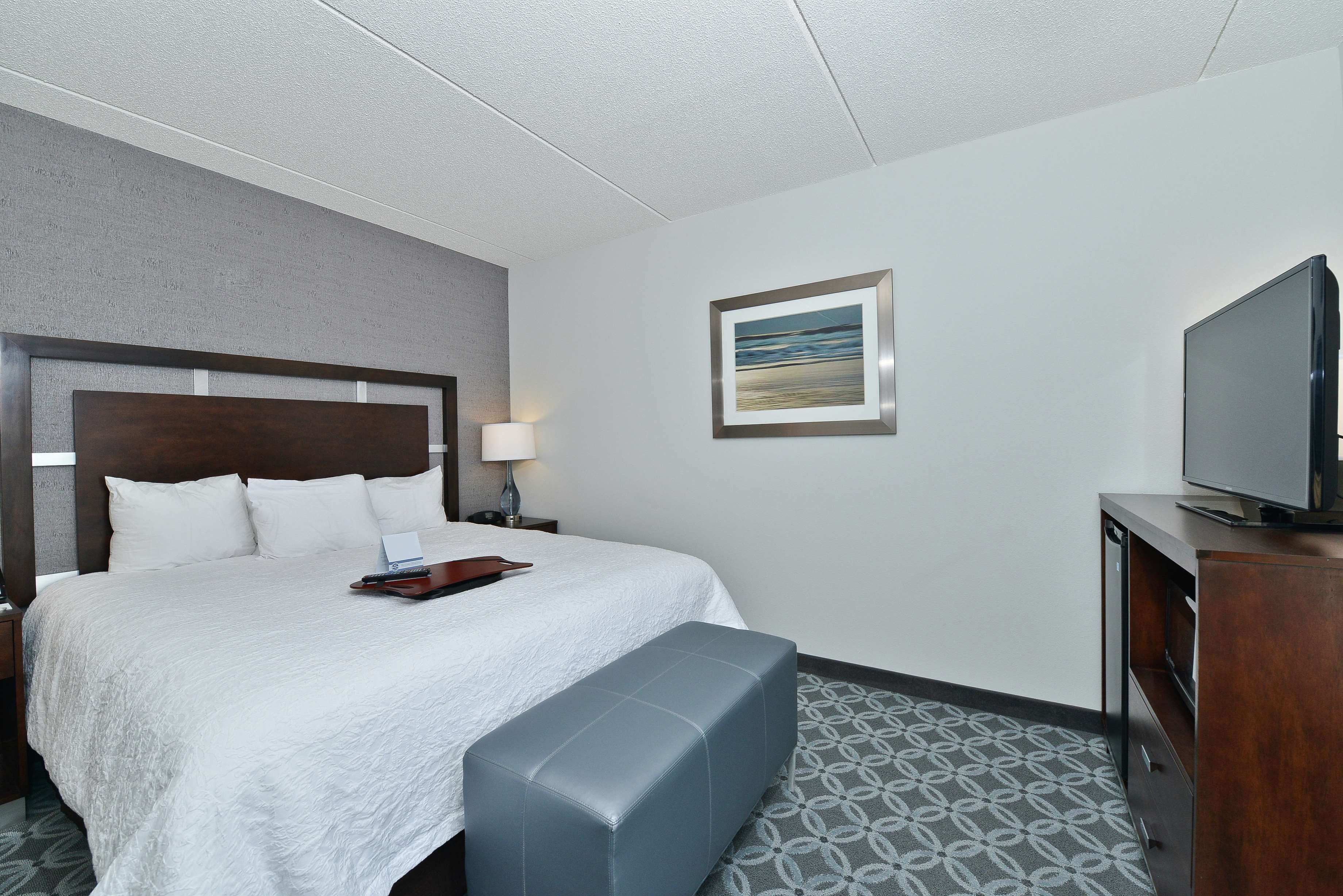 A hotel room with a large bed, a desk with a flat-screen TV, a bench, and a patterned rug.