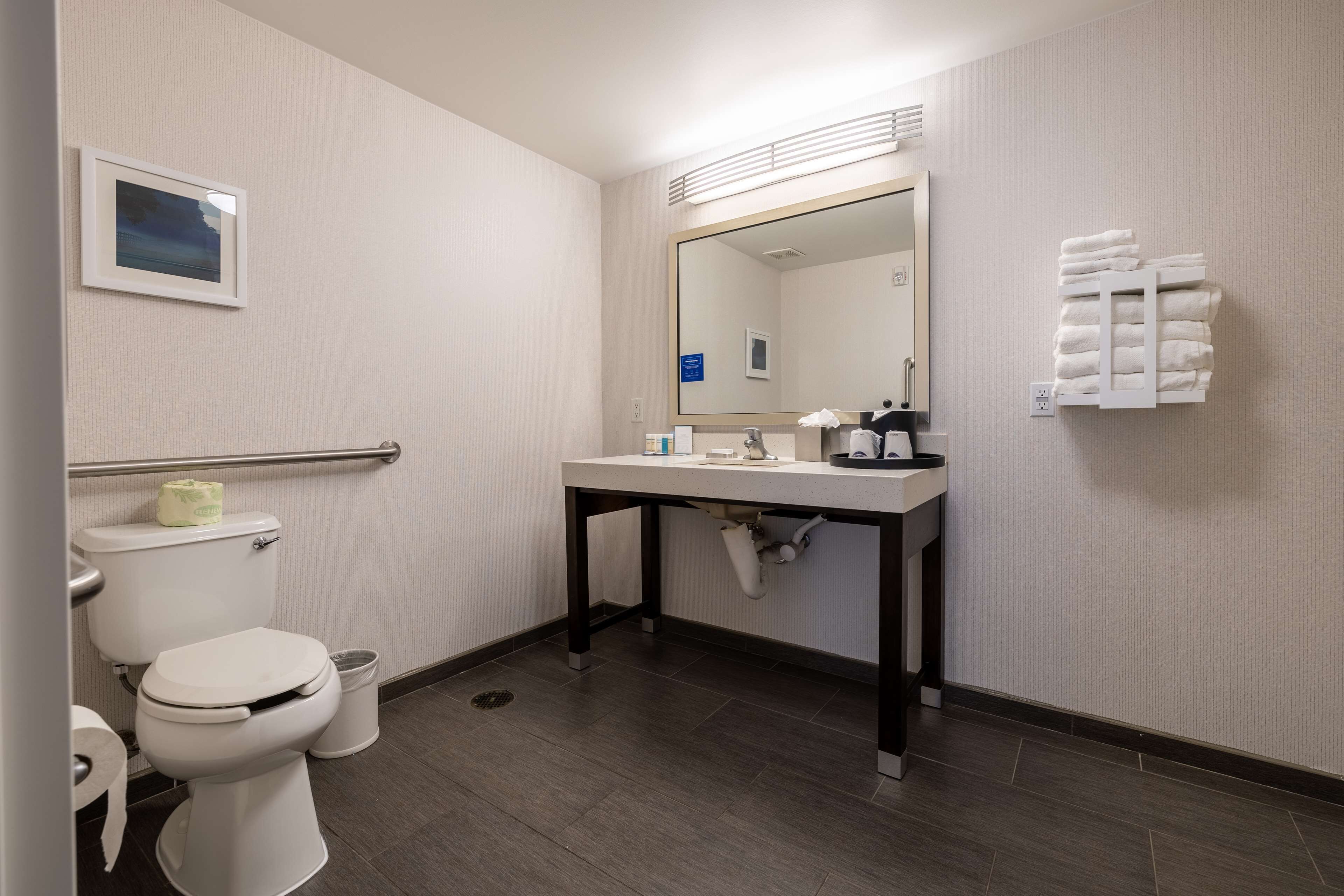 A bathroom with a toilet, sink, mirror, and towel rack.