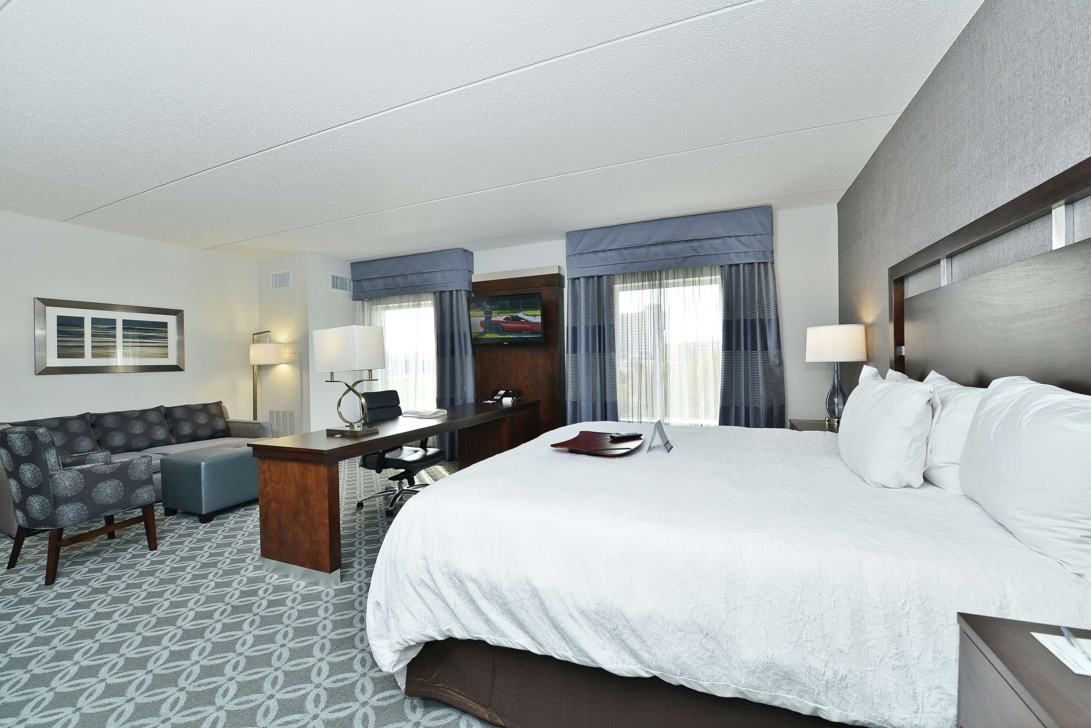 A hotel room with a large bed, a desk, a sofa, and a TV.