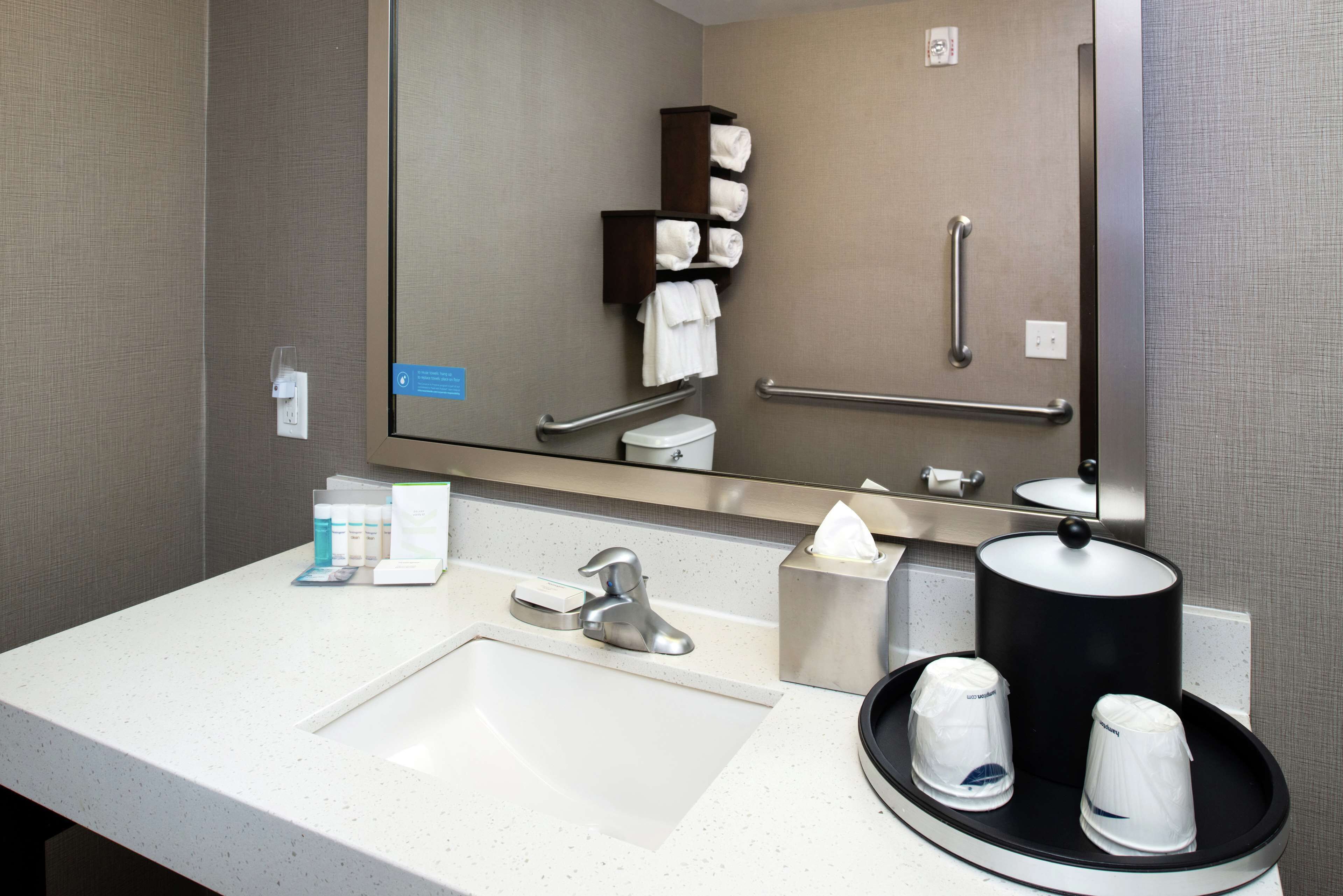 A hotel bathroom with a sink, mirror, towel rack, toilet, and handrails.