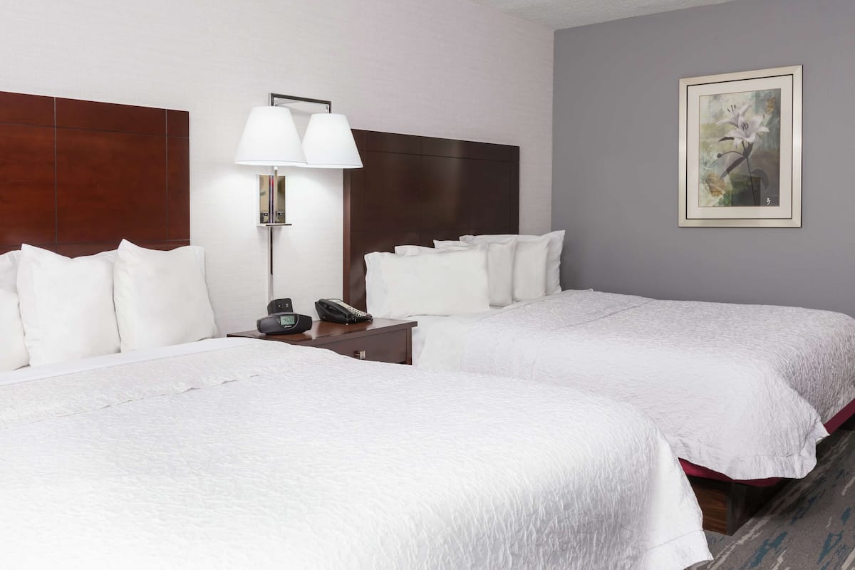 A hotel room with two beds, a nightstand with a lamp, a phone, and a framed picture on the wall.