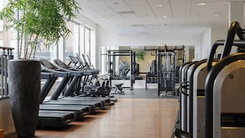 Un gimnasio con cintas de correr, máquinas de pesas y una gran planta en maceta.