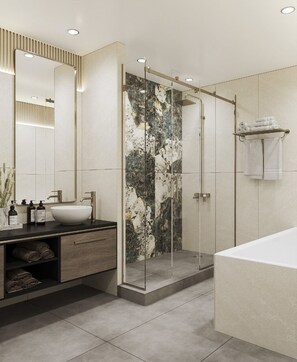 A modern bathroom with a glass-enclosed shower, a white sink, and a large mirror. - Donatello Boutique Hotel (Almaty)