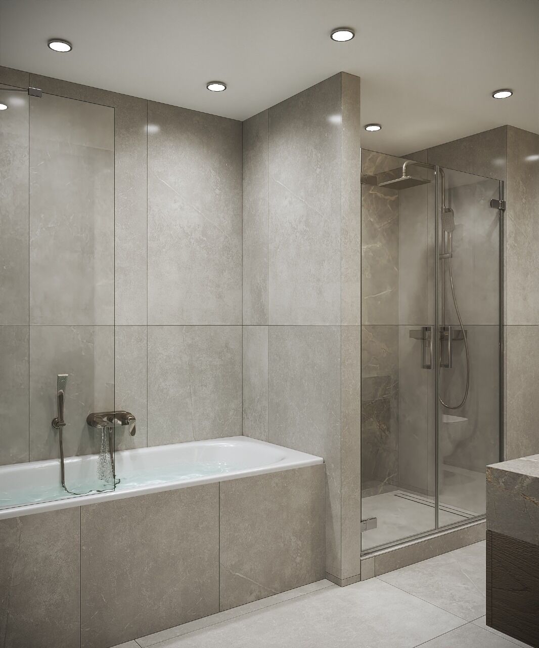 A modern bathroom with a glass-enclosed shower, a standalone bathtub, and recessed ceiling lighting.