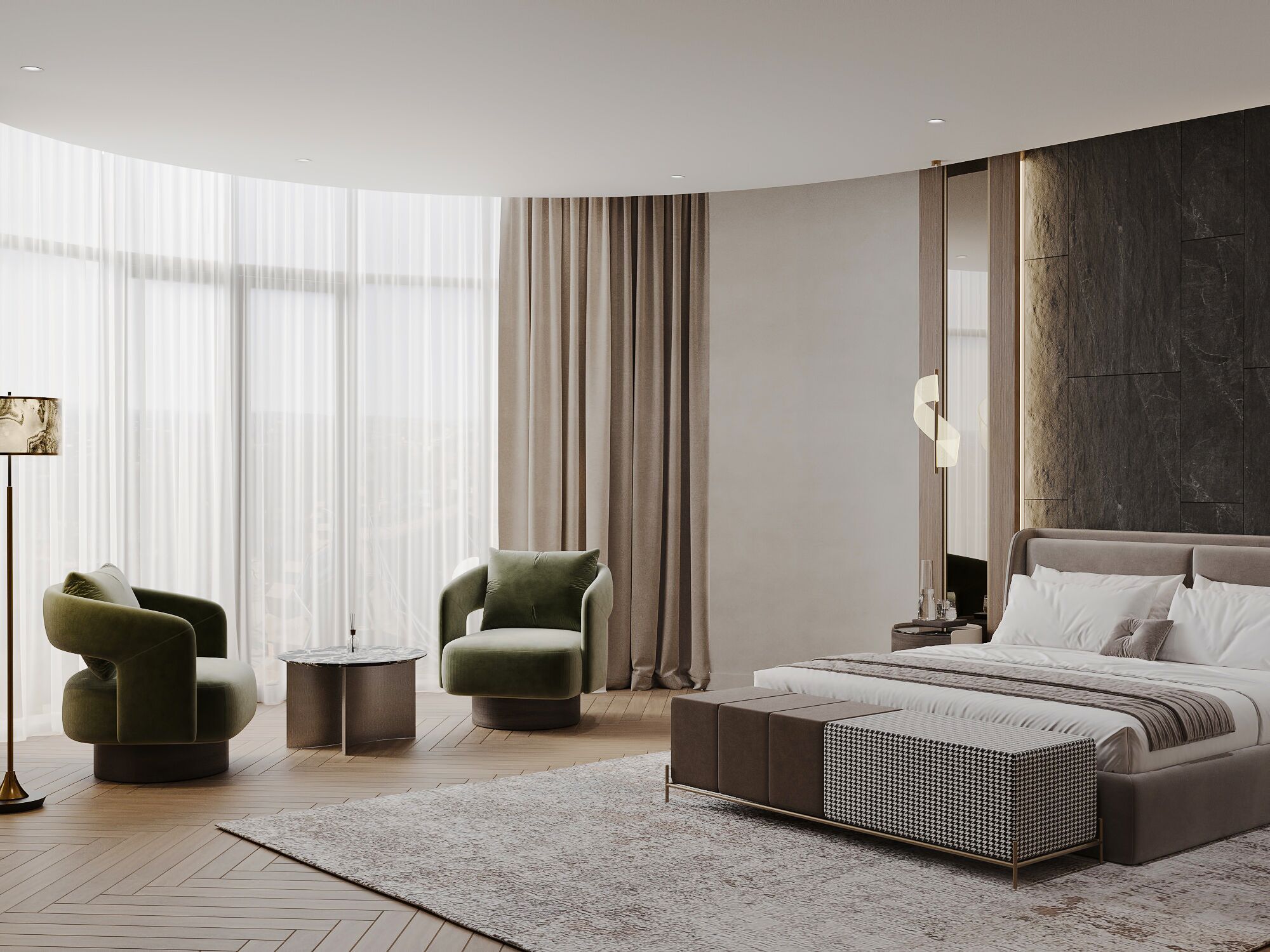 A modern bedroom with a large bed, two armchairs, a floor lamp, and a view of the city through large windows.