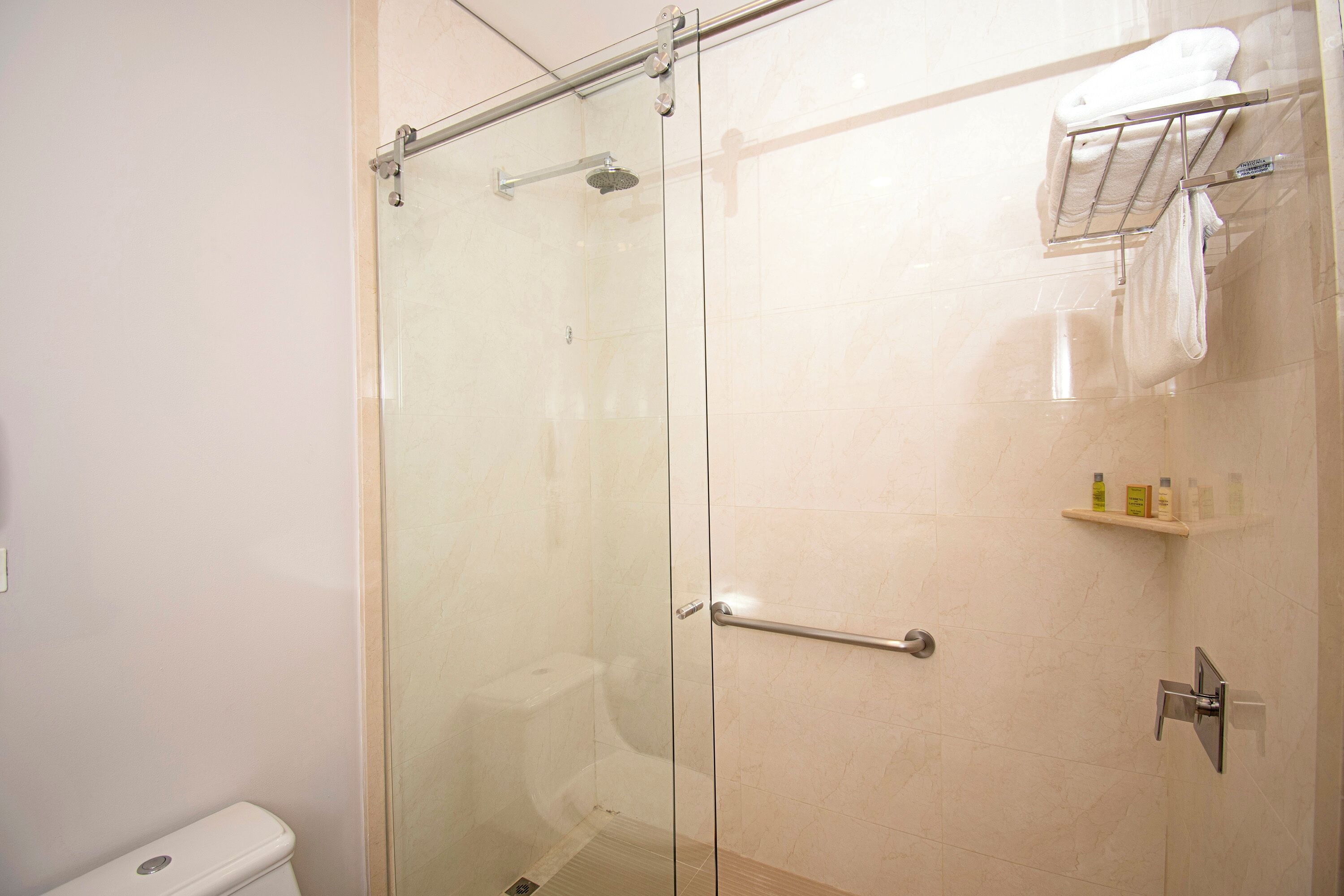 Ducha con paredes de vidrio, barra de apoyo, inodoro y estante con artículos de tocador.