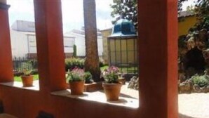 Uitzicht door een raam met potplanten op een balkon.