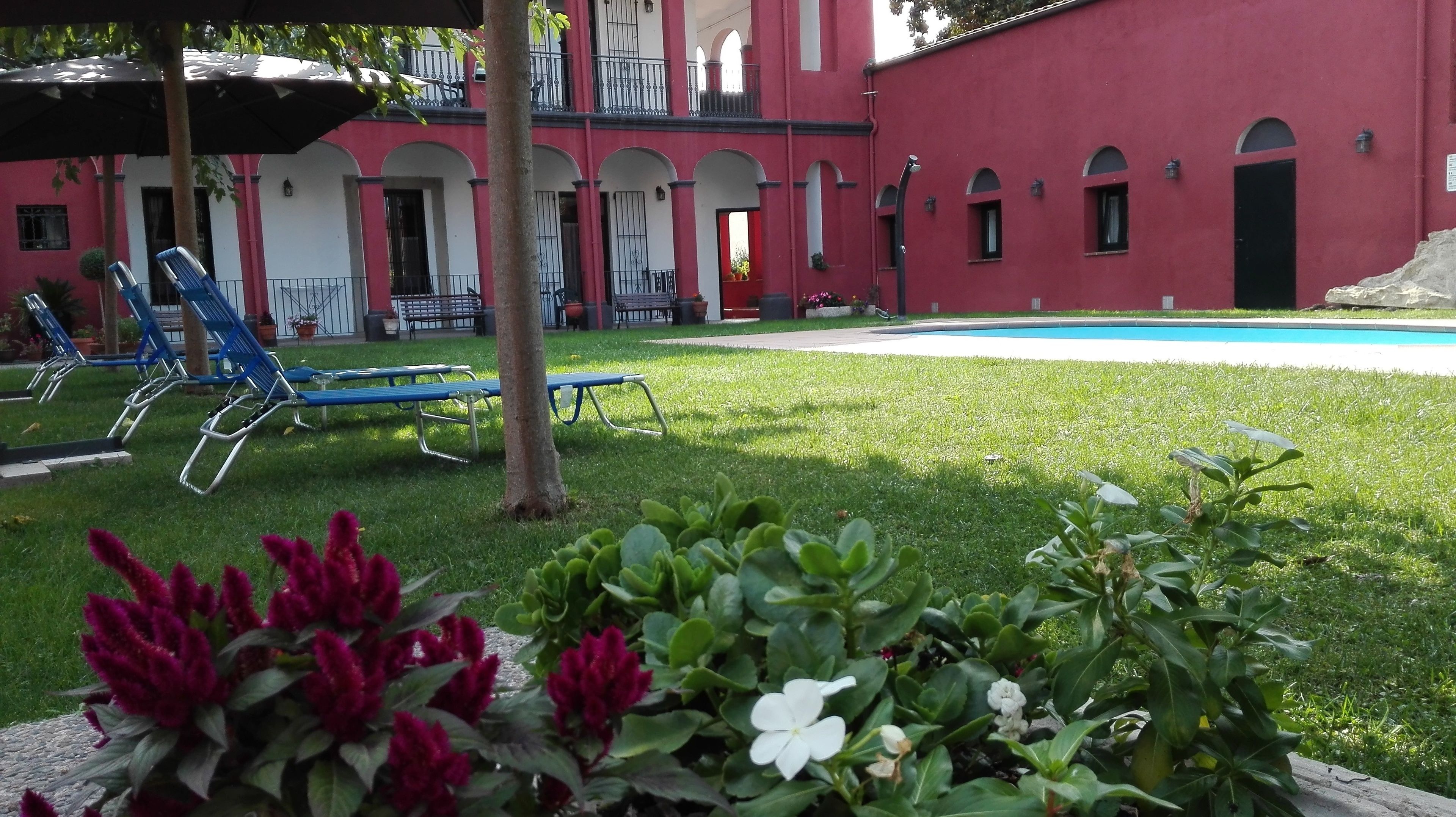 Piscine extérieure, chaises longues