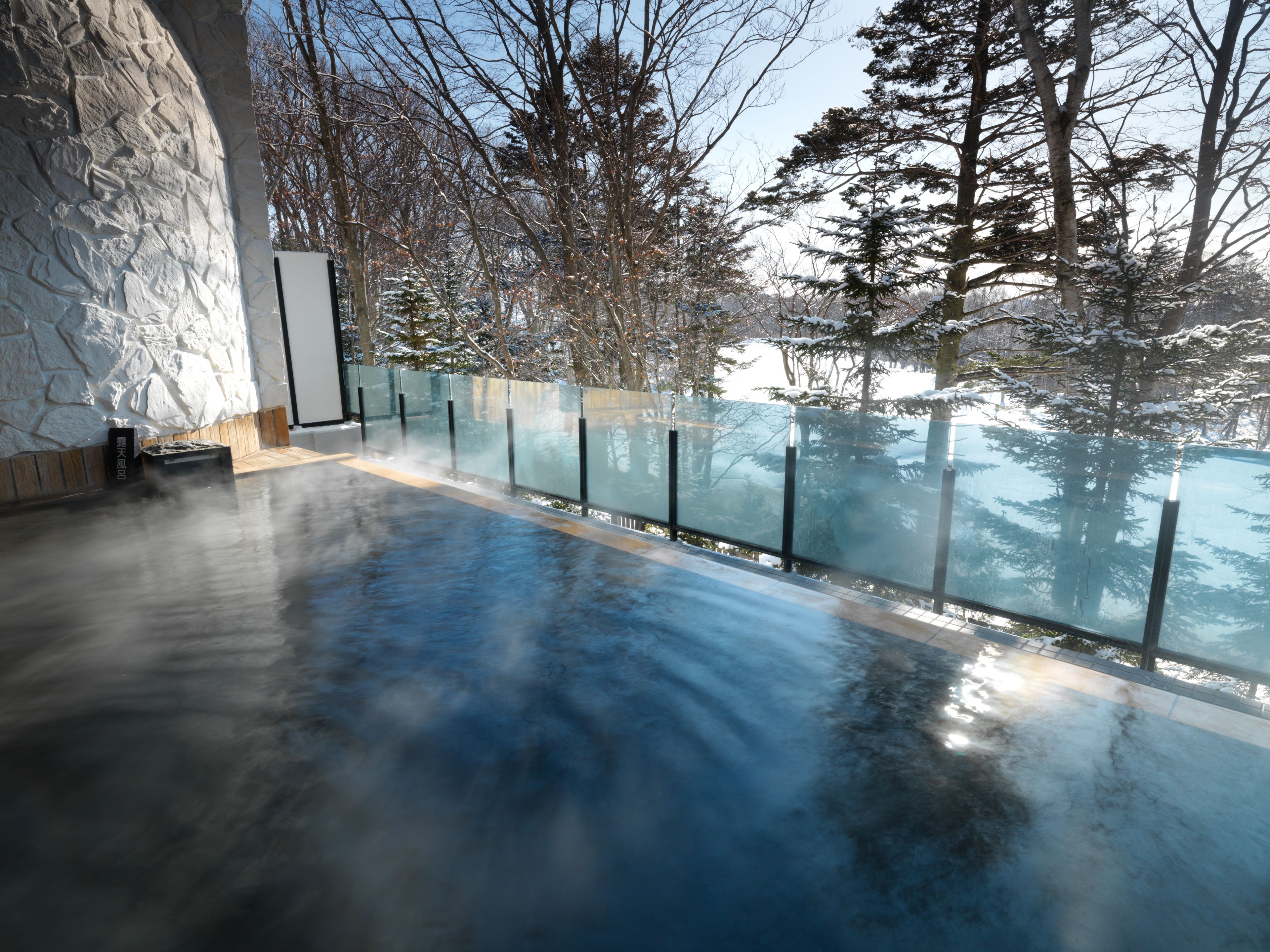 Un espace spa agrémenté d’un mur en pierre, d’une rambarde en verre et offrant une vue sur des arbres couverts de neige.