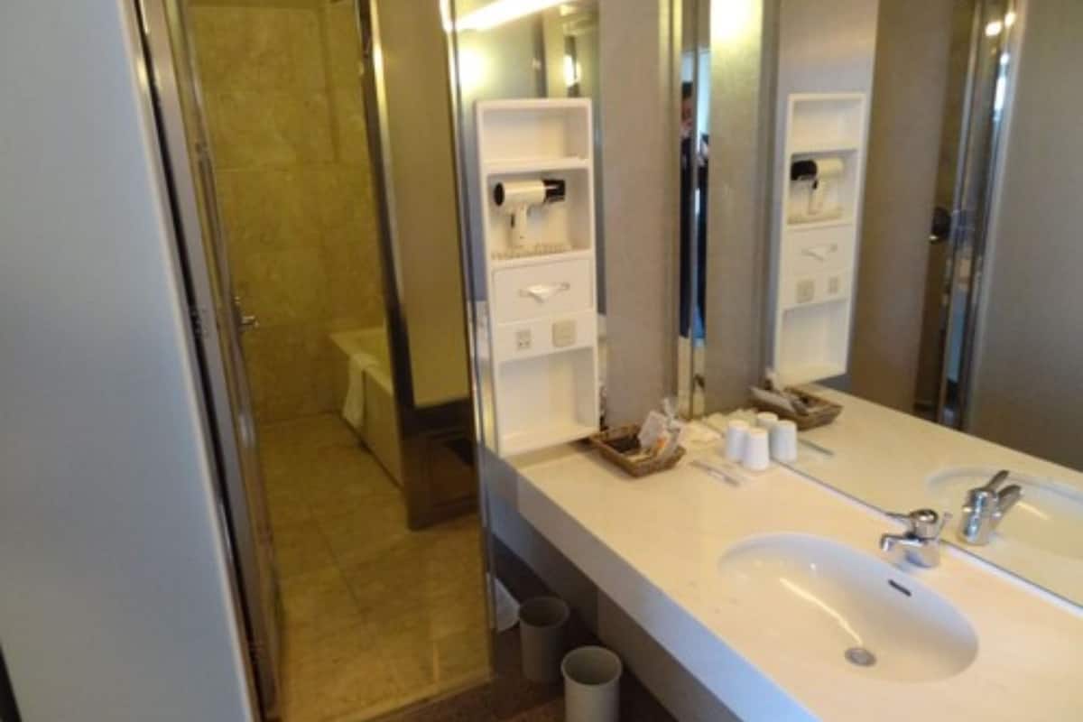 combined shower/bathtub, jetted bath, rainfall showerhead