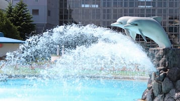 Una estatua de delfín saltando fuera de una piscina, con agua salpicando a su alrededor.