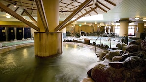 A hot spring area with wooden beams, a stone basin, and a tiled walkway.