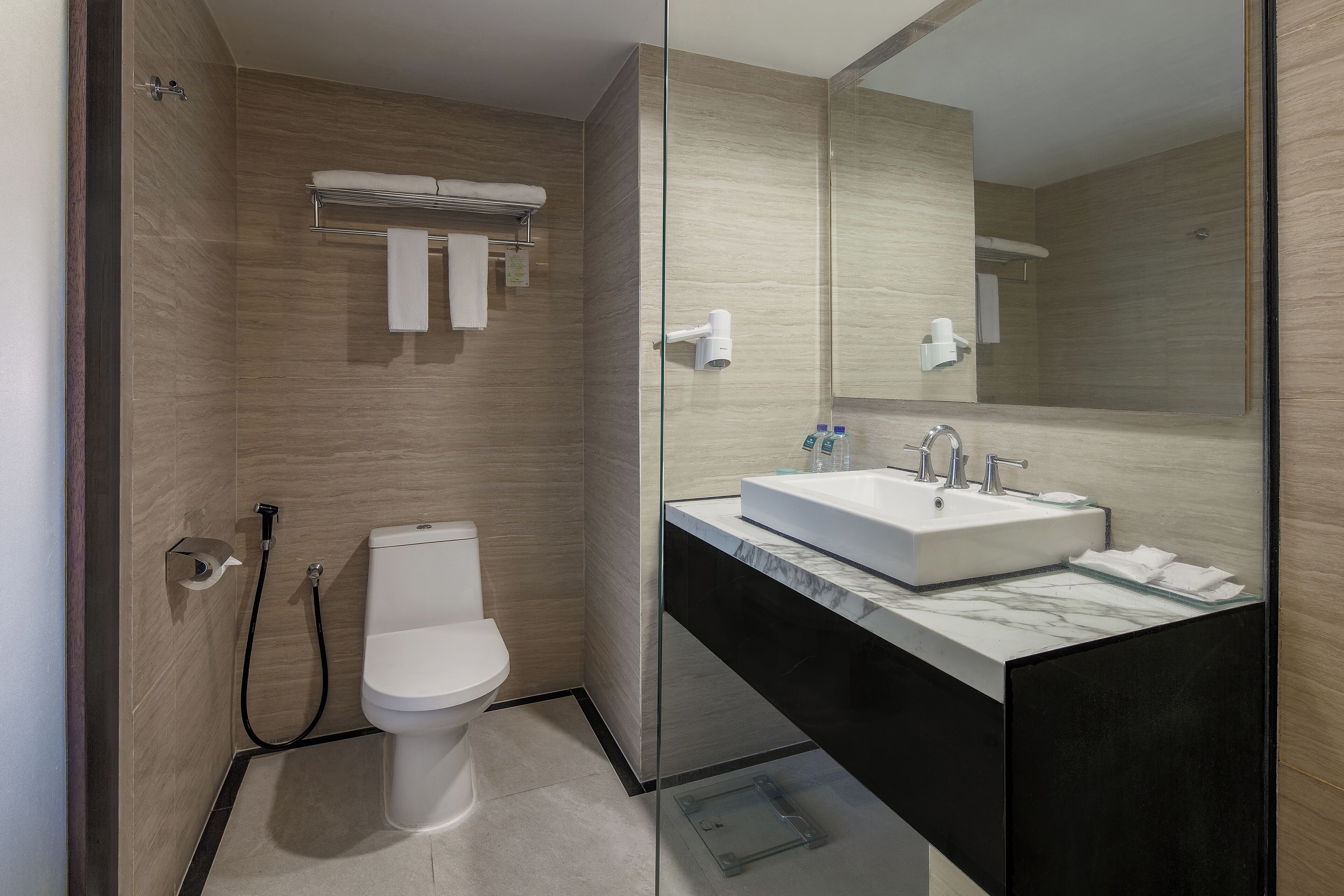 A modern bathroom with a toilet, sink, and glass shower enclosure.