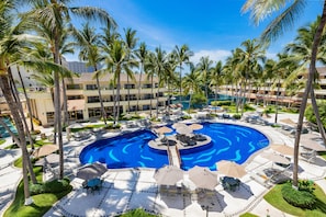 Outdoor pool, open 9 AM to 9 PM, pool umbrellas, pool loungers