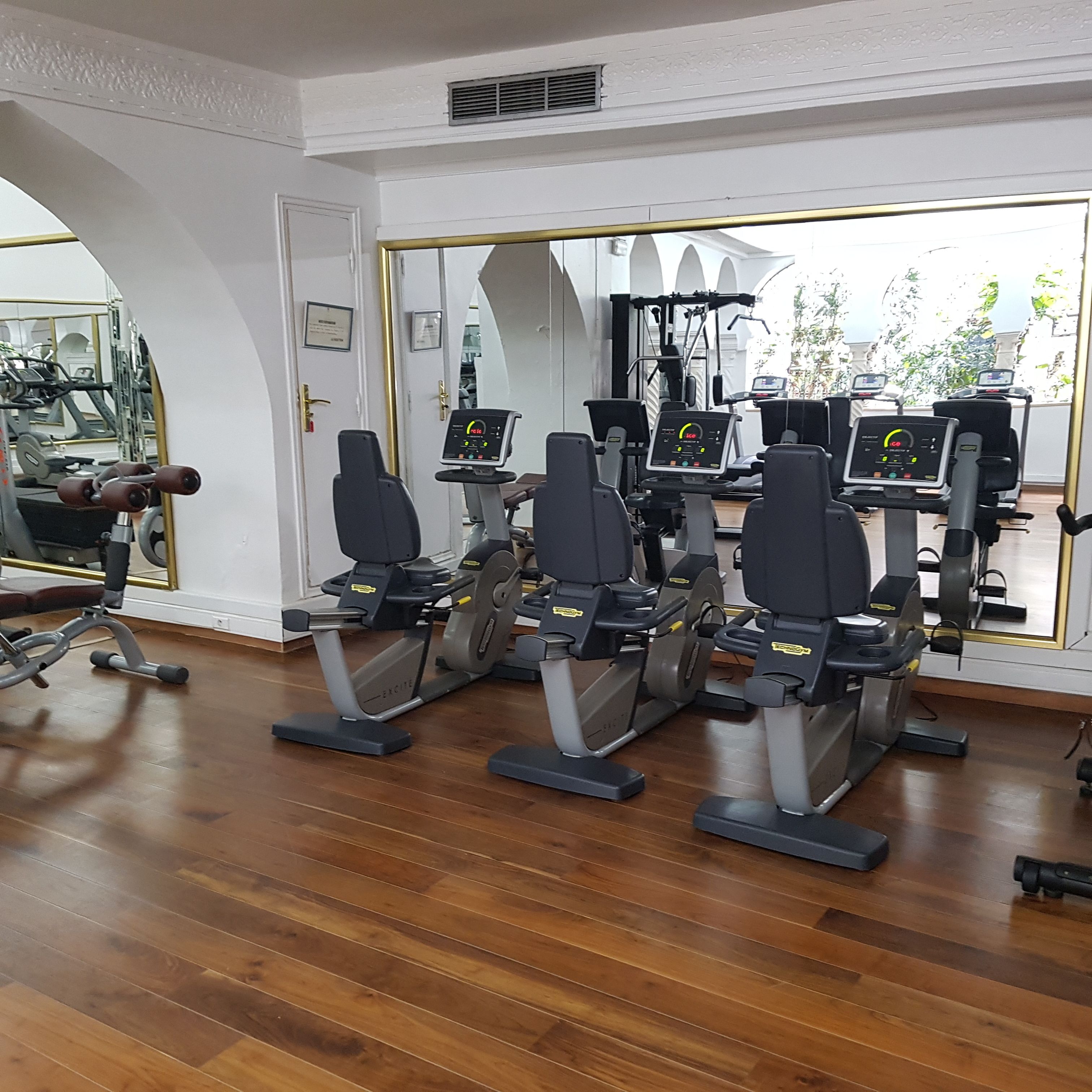A gym with multiple cardio machines, wooden flooring, and a large window with a view of greenery.