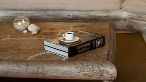 Un salón acogedor con un sofá, cojines decorativos, una mesa de centro con un libro y una vela, y una cabeza de elefante montada en la pared.