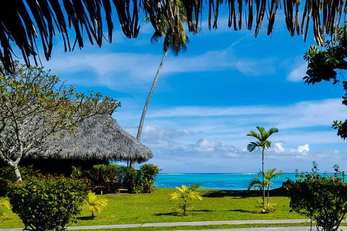 A tropical resort with a thatched-roof hut, palm trees, and a view of the ocean.