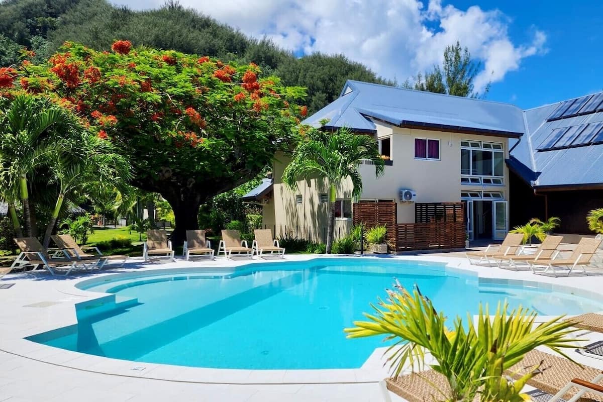A swimming pool with lounge chairs, a house with solar panels, and lush greenery.