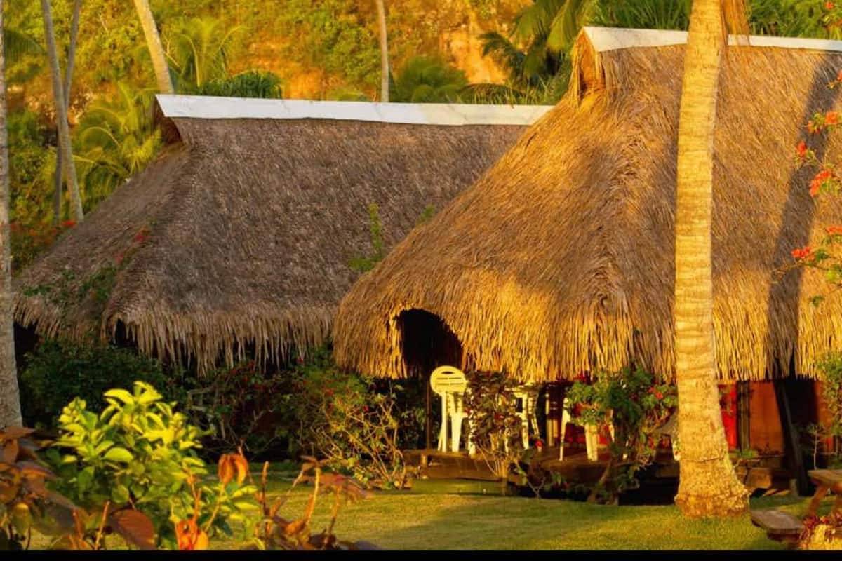 Thatched-roof huts with a thatched roof and a small entrance.