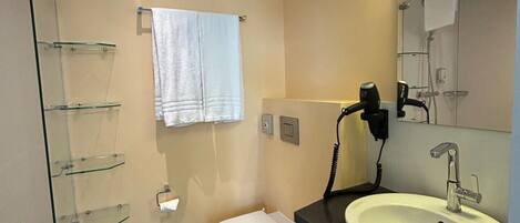 Un baño moderno con cabina de ducha de vidrio, inodoro blanco, tocador con lavamanos y un espejo grande.