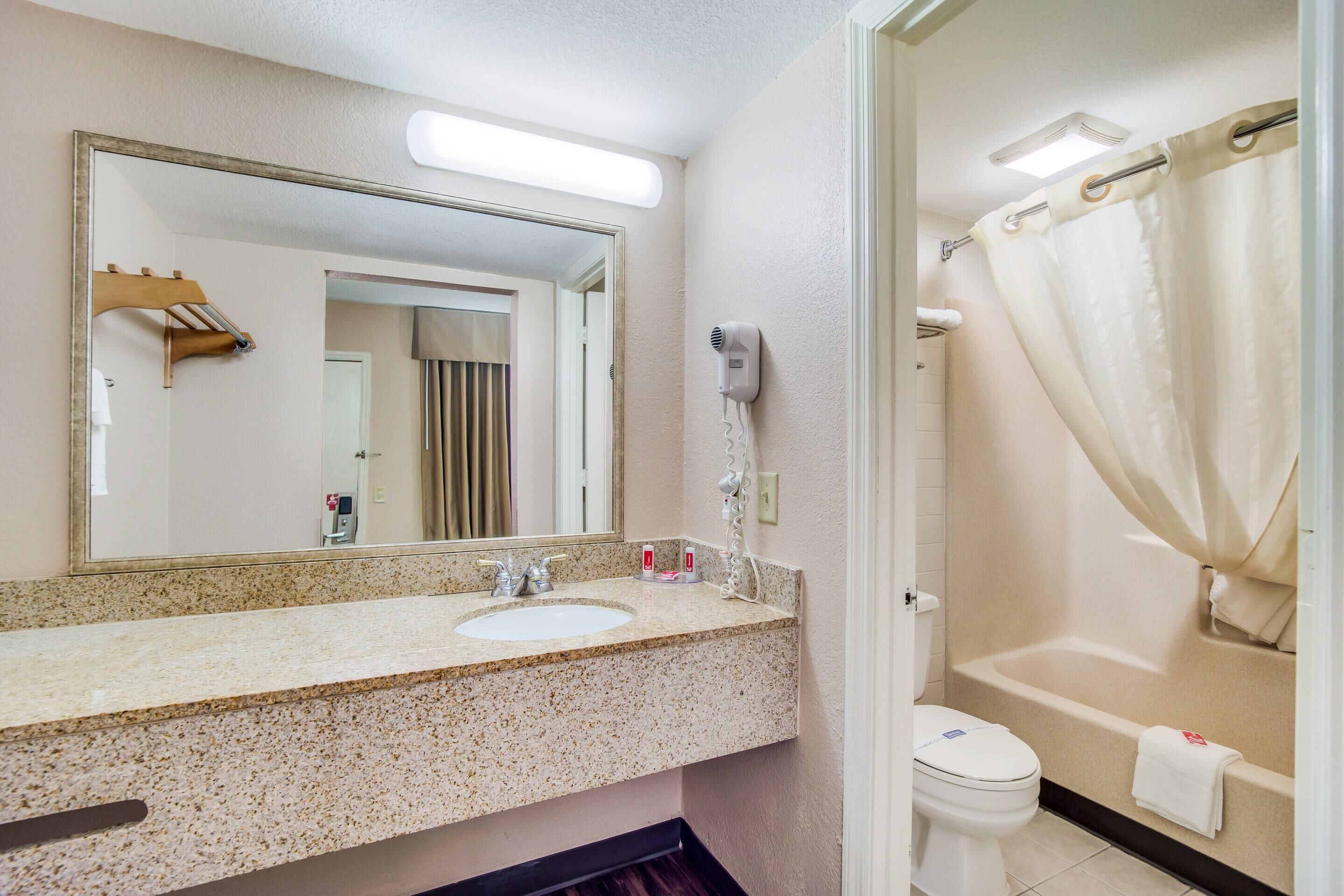 A bathroom with a sink, mirror, hairdryer, and shower curtain.