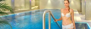 Indoor pool, open 7 AM to 7 PM, pool loungers