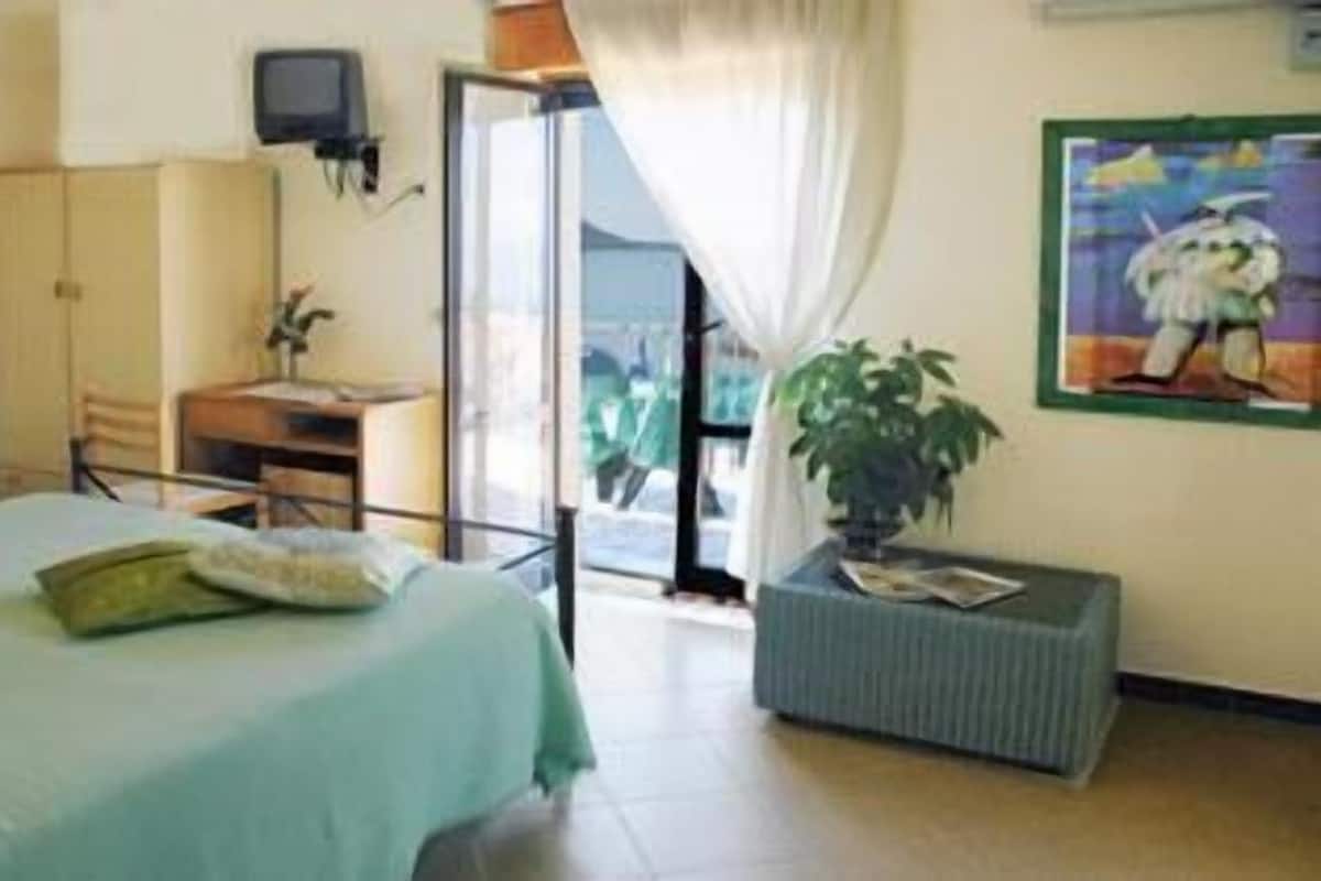 Ein Hotelzimmer mit Bett, Schreibtisch, Stuhl, Fernseher, einem Fenster mit Vorhängen und einer Pflanze.