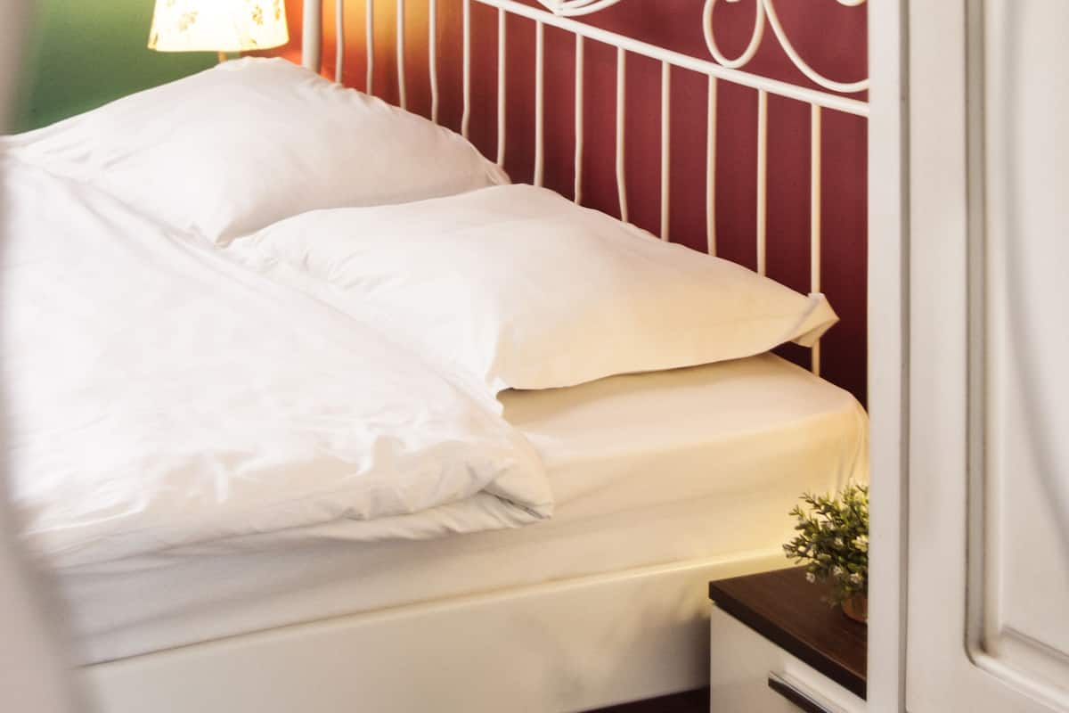 Una cama con ropa de cama blanca, cabecera de metal, lámpara de noche y una planta pequeña en una mesita de noche.