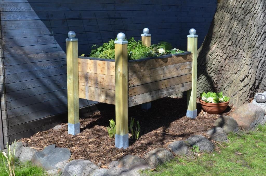 A raised garden bed with plants, surrounded by rocks and a tree.
