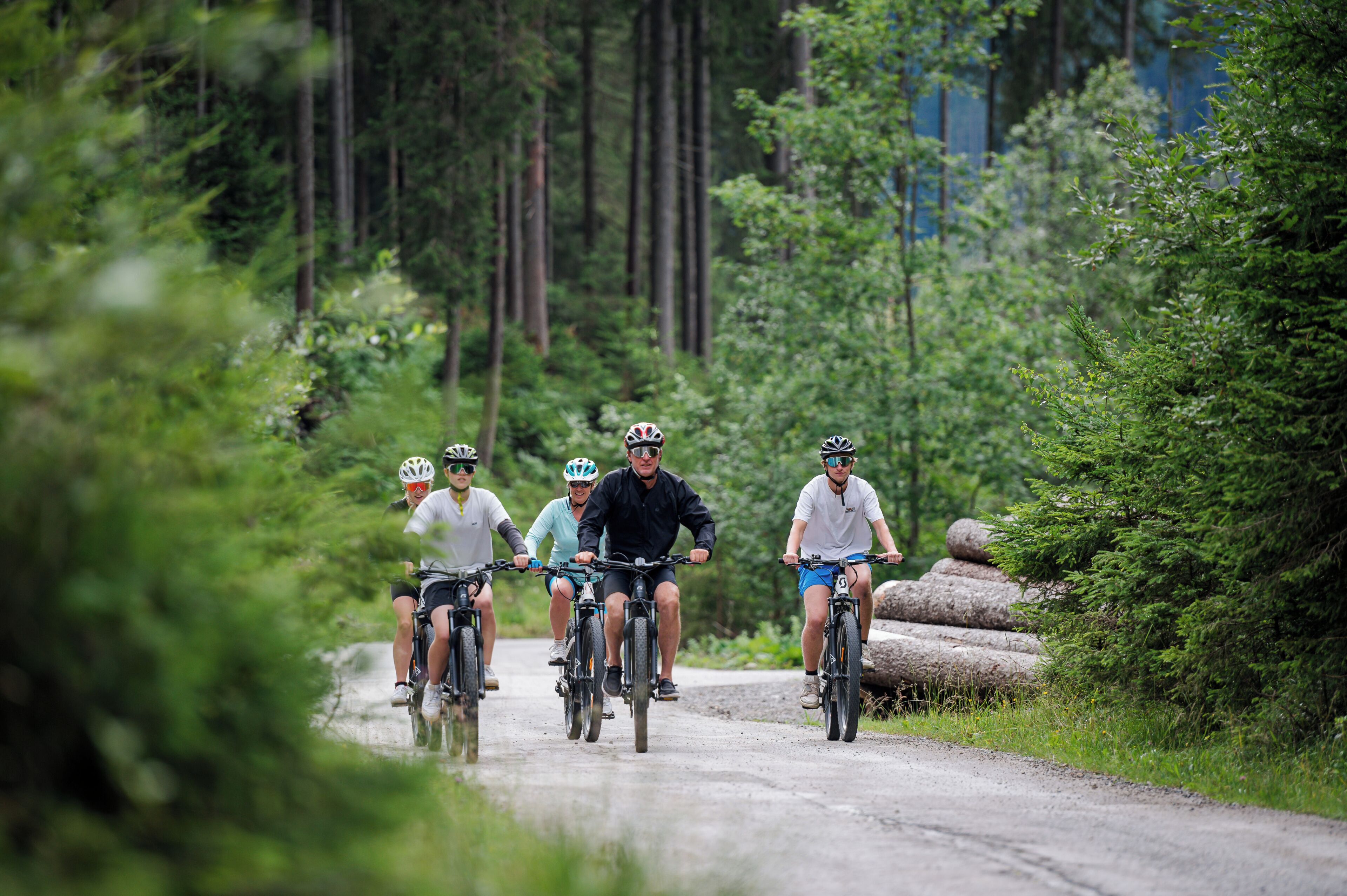 Un groupe de cyclistes sur un sentier qui traverse une forêt.