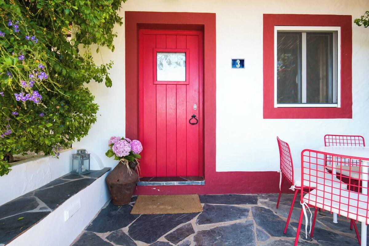 Une porte rouge avec une petite fenêtre, une entrée pavée de pierres, un pot de fleurs avec des fleurs roses et une table avec des chaises rouges.