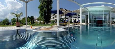 Indoor pool, outdoor pool, open 8 AM to 8 PM, pool umbrellas