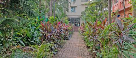 A pathway lined with tropical plants leading to a building with multiple balconies.