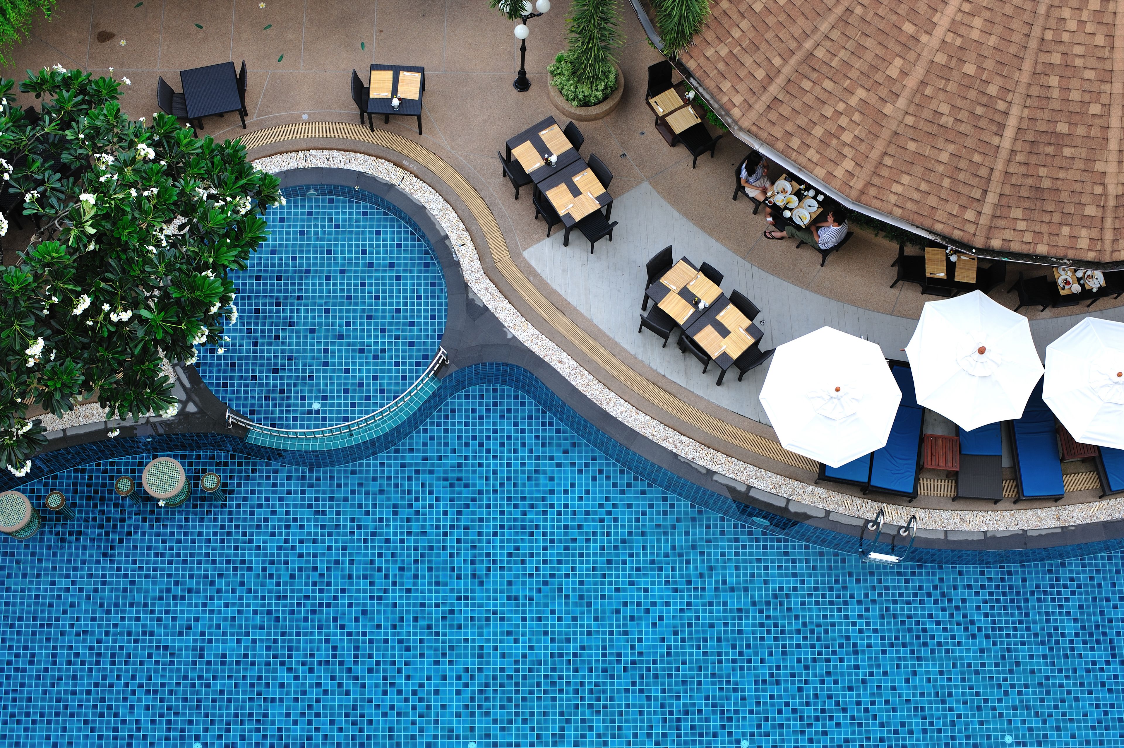 Outdoor pool, pool umbrellas, sun loungers