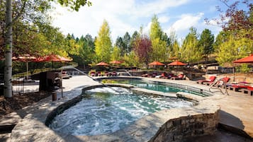 Seasonal outdoor pool, pool umbrellas, pool loungers