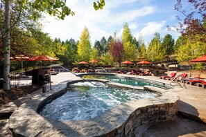 Seasonal outdoor pool, pool umbrellas, pool loungers