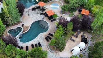 Seasonal outdoor pool, pool umbrellas, pool loungers