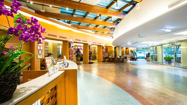 A hotel lobby with a reception desk, potted plants, and a glass entrance. - Luminous Hot Spring & Resort (Luye)