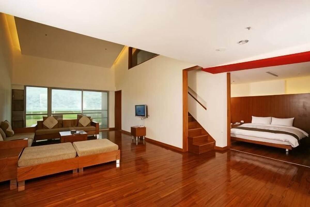 Una habitació d'hotel moderna amb sòl de fusta, un sofà, un llit, una televisió i una escala.