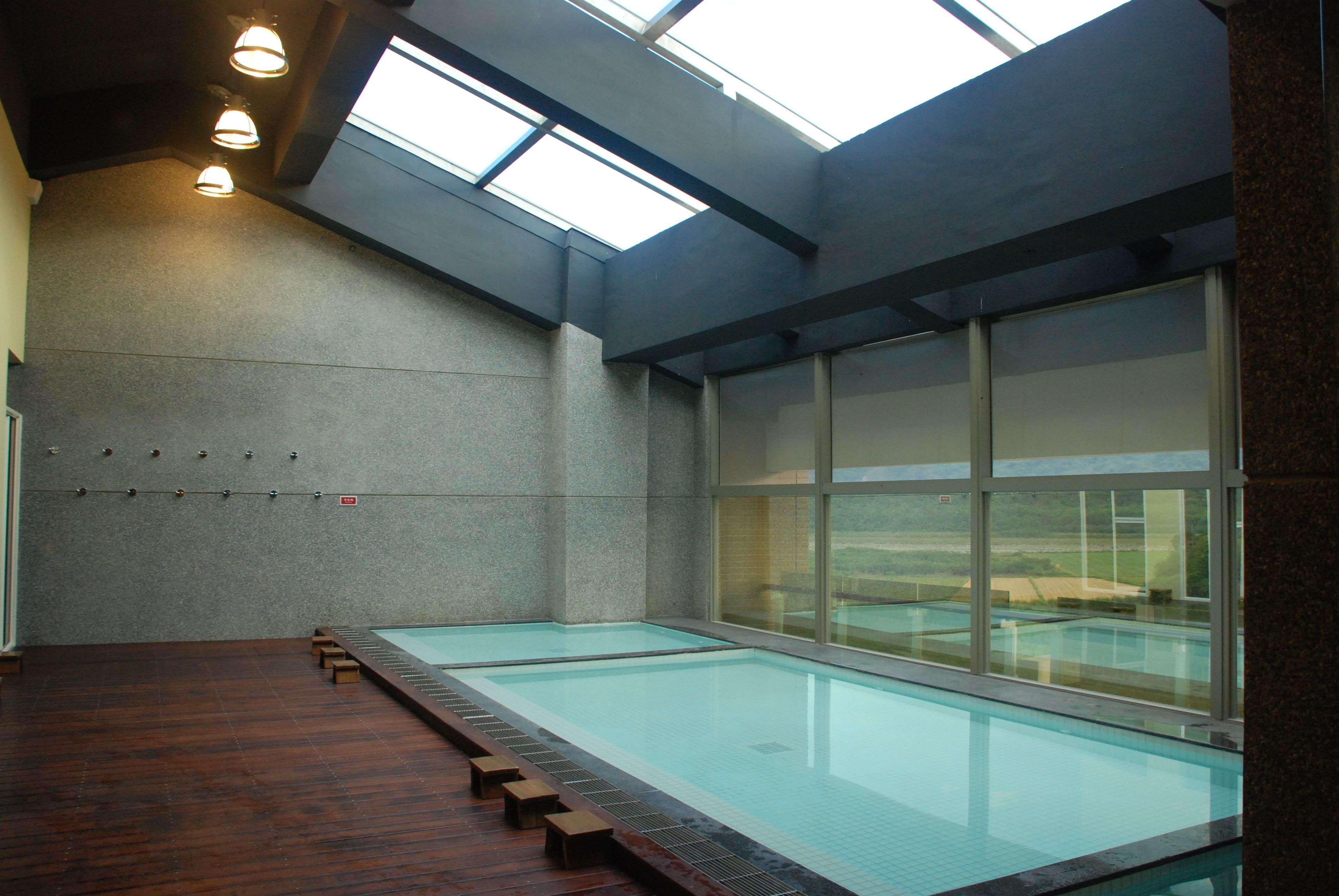 Une piscine intérieure dotée de lucarnes, d’un escalier en bois et offrant une vue sur l’extérieur.